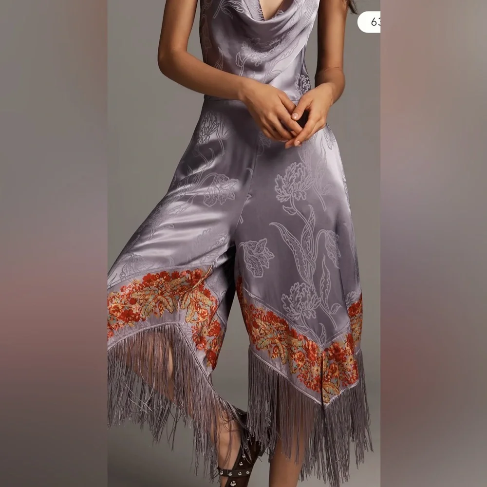 By Anthropologie Fringe Cowl Neck Jumpsuit Soft Violet size 16 NEW $198 - Picture 2 of 14